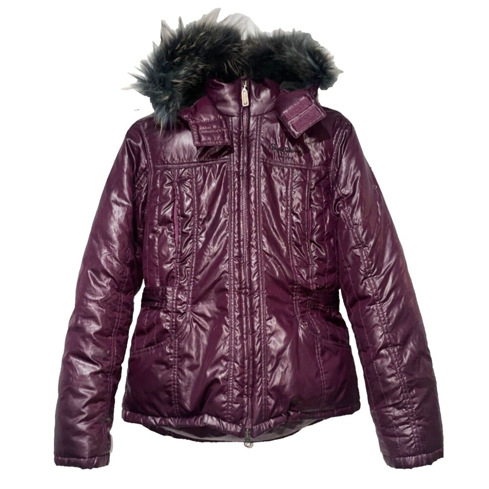 Pepe Jeans London Vintage Y2K Down Puffer Jacket Women's size M Coyote Fur Trim
